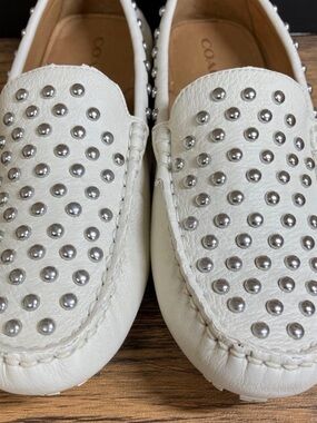 Coach White Leather Studded Slip-On Loafers